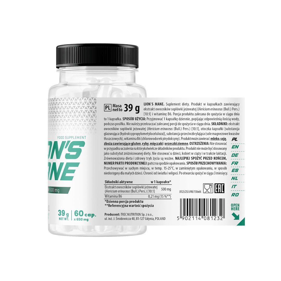Lion’s Mane 500 mg – Cogumelo Juba de Leão – 60 Cápsulas - Trec Nutrition